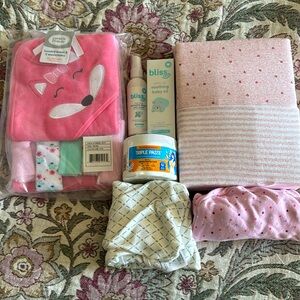 Baby girl newborn bundle - crib sheets, hooded towel, triple paste, swaddles